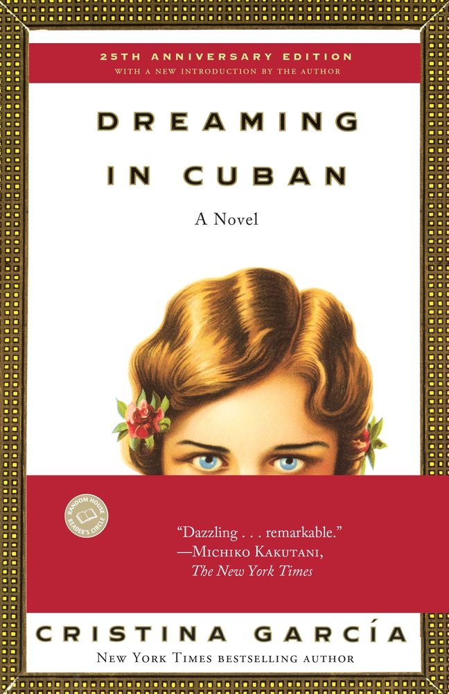 Book Cover for Dreaming in Cuban by Cristina García ; pictured is a brown haired woman peeking up from behind a maroon divider.