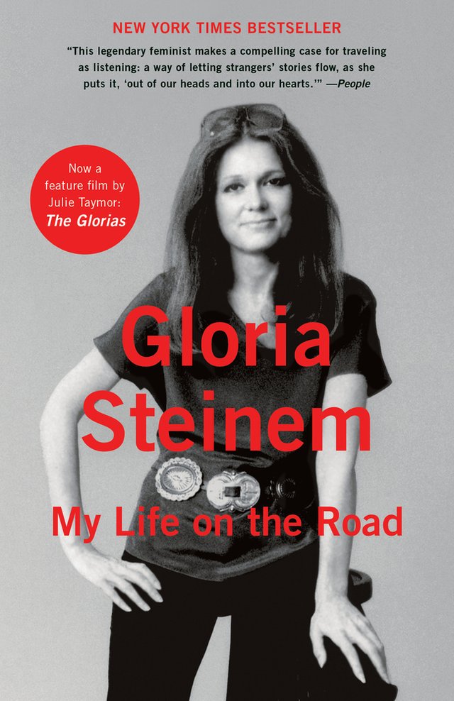 My life on the Road by Gloria Steinem, biography cover depicting a black-and-white photograph of author Gloria Steinem.