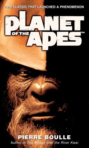 Planet of the Apes by Paul Boulle book cover. There is an ape wearing a helmet low on its face with one eye that the audience can see and one eye that is hidden on the shadowed side.