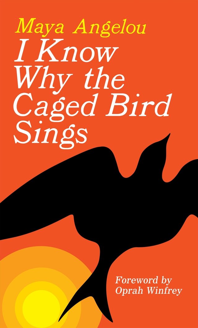 I Know Why the Caged Bird Sings by Maya Angelou, autobiography cover depicting a bird flying upwards with a yellow and orange sunset-like background.
