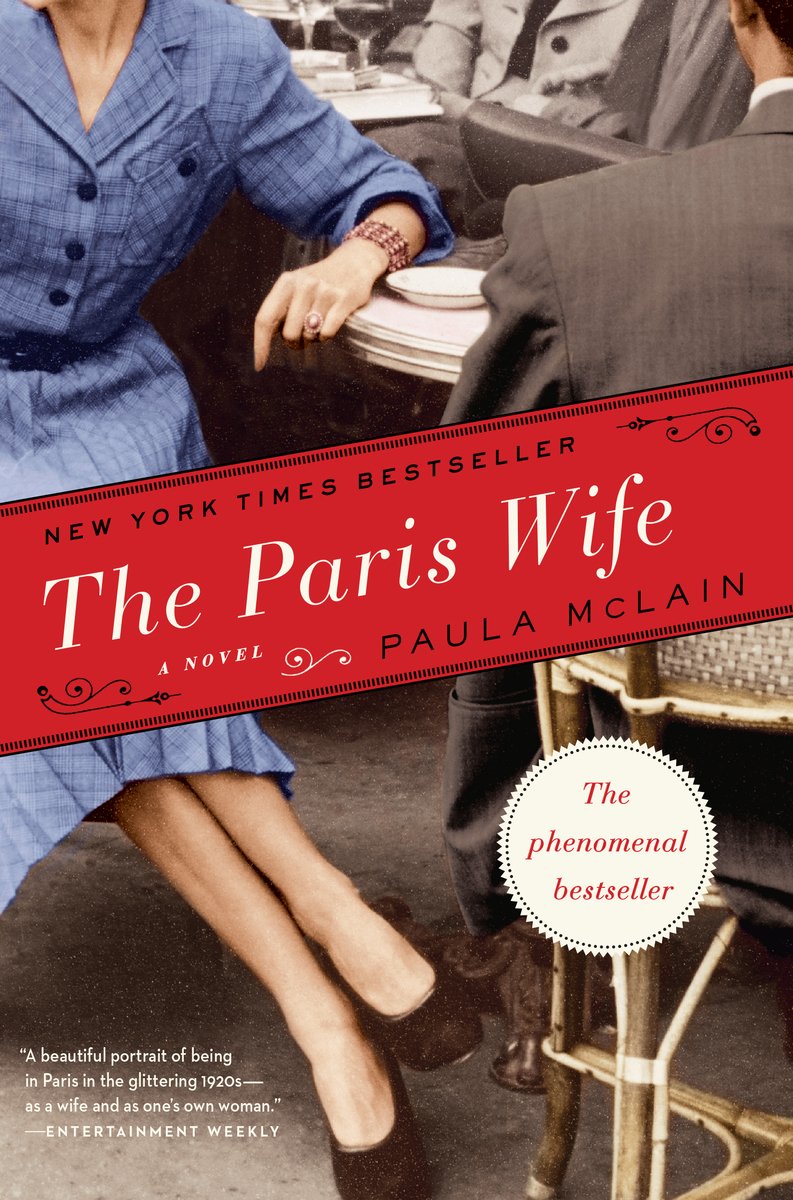 The Paris Wife by Paula McLain book cover depicting a woman in a blue plaid dress with large black buttons and a man in a brown suit sitting at a cafe table with other people behind them in black and white.