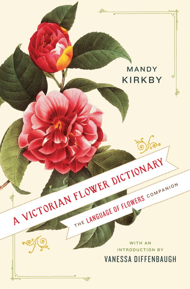 A Victorian Flower Dictionary by Mandy Kirkby. Has a large, blossoming pink camellia on the from against a cream background.