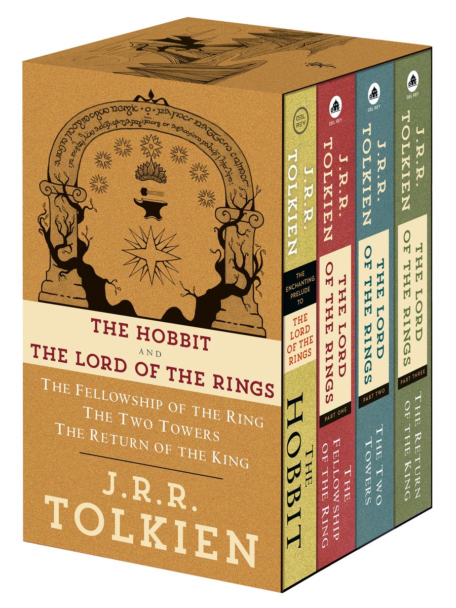 The Lord of the Rings by J.R.R. Tolkien, a series set of 4 books showing the box cover in the front with an arch and tree wrapped around the bottom of both sides with stars underneath.