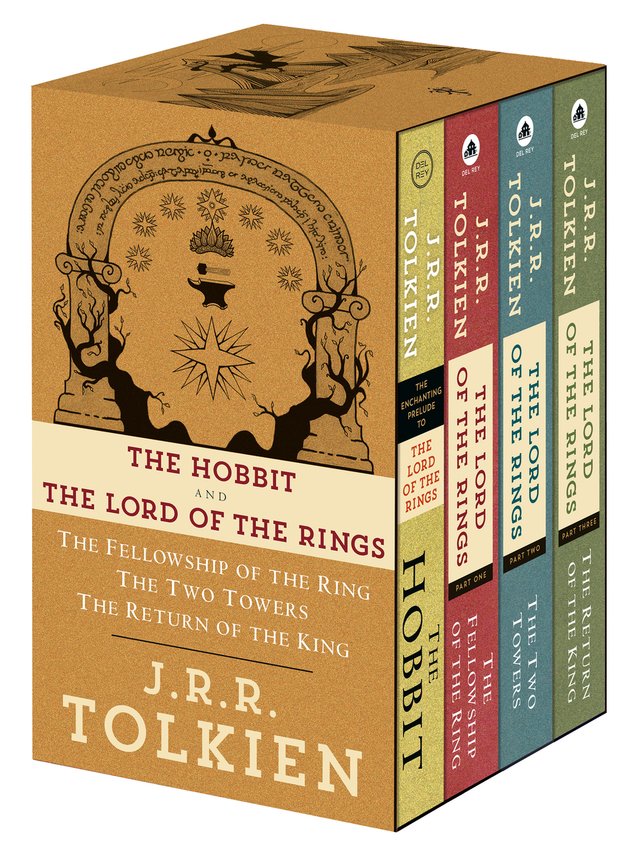 A booked box set collection of The Hobbit and Lord of the Rings.