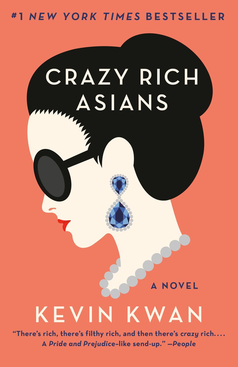 the salmon pink cover of Kevin Kwan's Crazy Rich Asians, with a graphic of an Asian woman's silhouette wearing a pearl necklace and large blue gemstone earrings