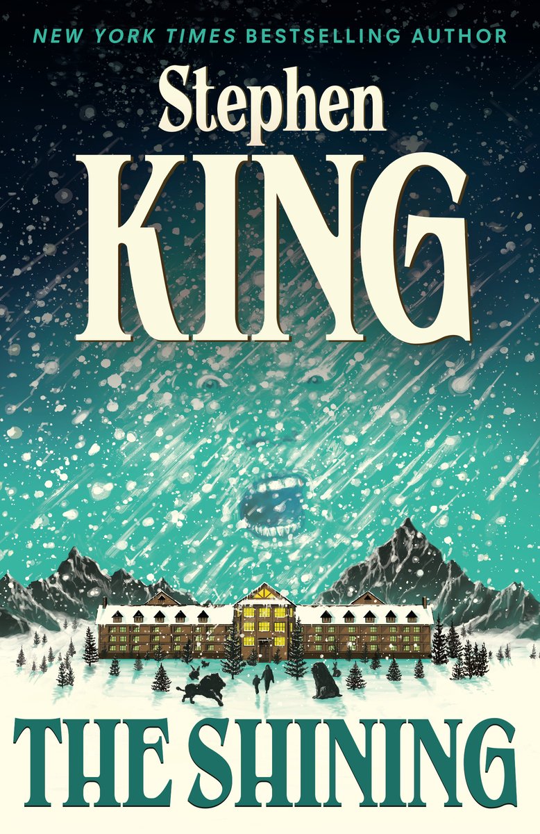 Cover of The Shining by Stephen King. There is a black fading to teal sky, with heavy snow falling down fast. In the center of the snow is a face. Under that, on a snowy mountain ground, is a large hotel/manison with the lights on. There are people walking towards the building.
