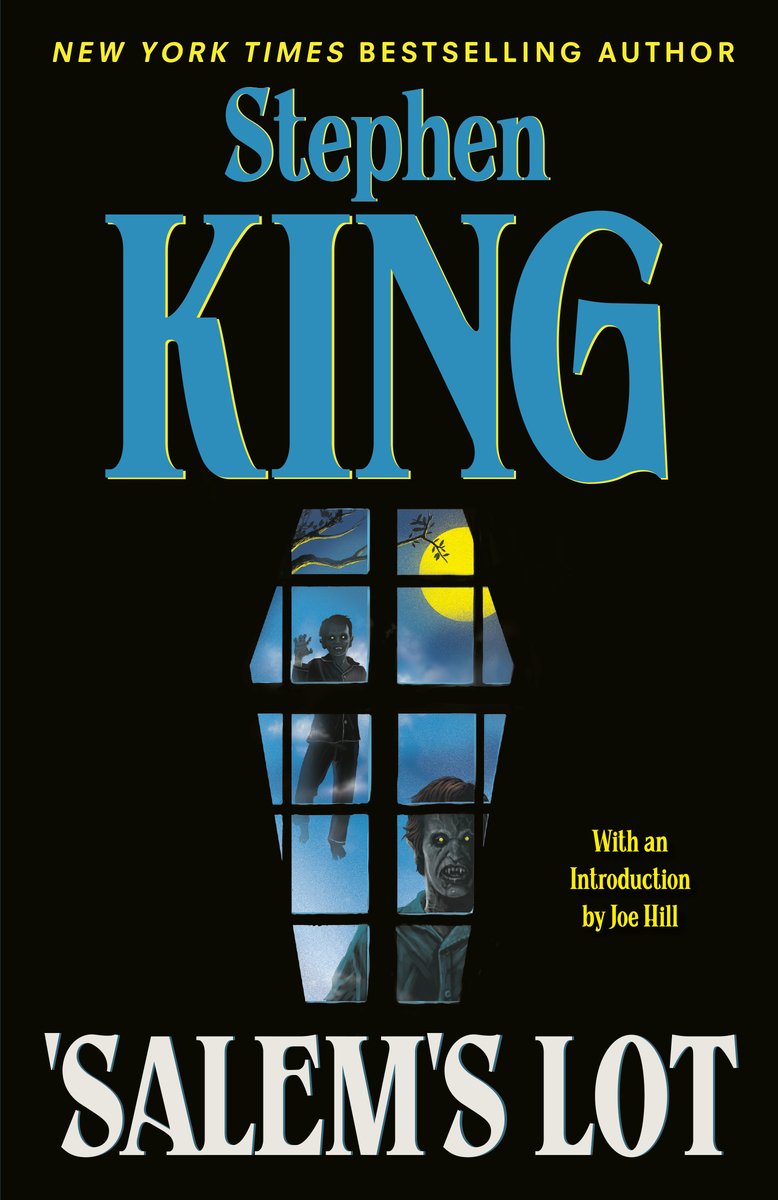 The book cover for 'Salem's Lot by Stephen King. A black background with window in the shape of a coffin. Behind the window panes are two vampires with ghoulish gray skin and glowing yellow eyes. One vampire is stands against the bottom right corner of the window and the other floats in the air behind them. Above, a tree branch is in front of a yellow moon.