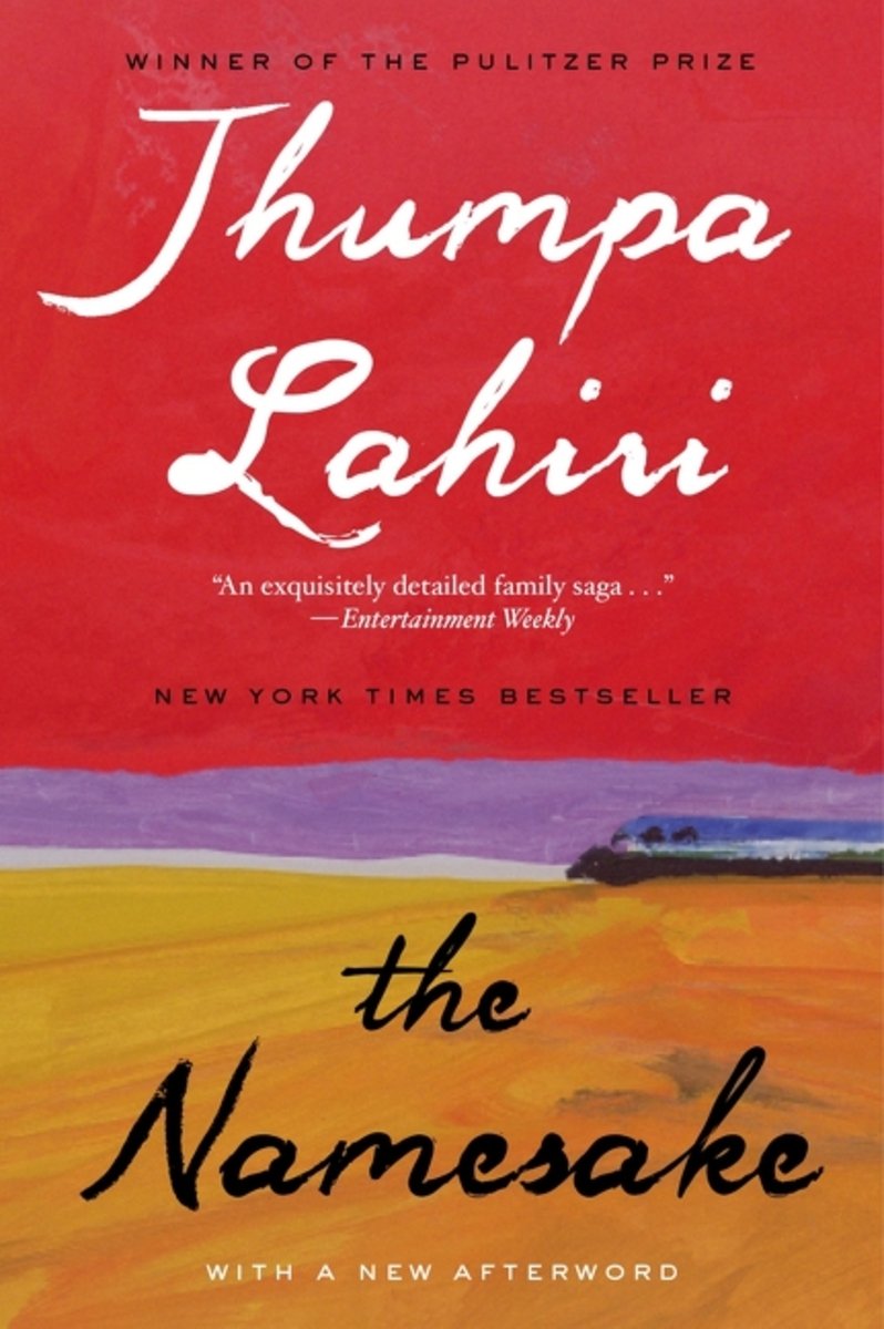 The Namesake by Jhumpa Lahiri book cover depicting a red sky, purple hill in the distance, and orange foreground with a train cutting across the landscape from right to left.