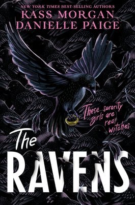 The cover of The Ravens by Kass Morgan and Danielle Paige. The background if full of ravens. One is more centered, its wings outstretched and holding a ring.
