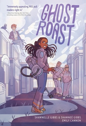Front cover of Ghost Roast, showing a person with a machine on their back and three other characters in the background posing.