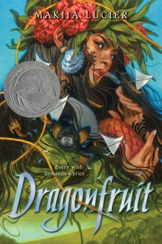 Dragonfruit by Makiia Lucier book cover. A woman with dark hair wears a headdress of leaves and flowers, and is turning towards the viewer with a fierce expression on her face. The foreground has a glimpse of red scales, a bat flying towards the viewer, and plants at the bottom. The whole image has a feeling of motion.