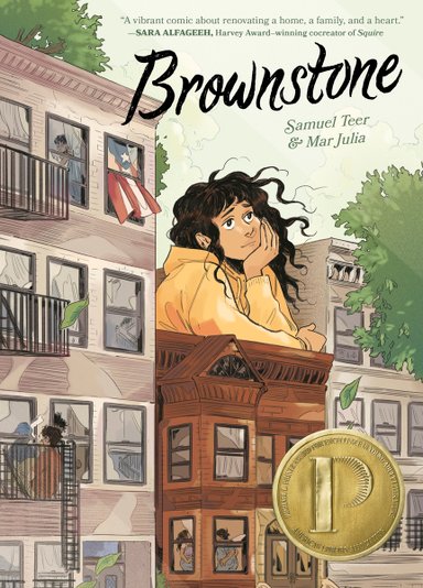 Book cover of Brownstone by Samuel Teer & Mar Julia, featuring a gigantic tan-skinned youth with long dark curly hair leaning listlessly on the roof of a brownstone building in a city block.