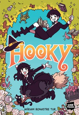 A boy floats in the air with a wand and book in his hand, and a frog floats near him. A girl rides a broomstick in the air with a black cat, waving at her brother.