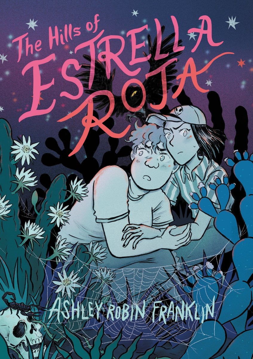 The cover for the The Hills of Estrella Roja. Two people are hugging each other in fear, crouched in a bed of cacti. There is a skull in a corner and a spider web along the bottom. The sky is dark purple and full of stars.