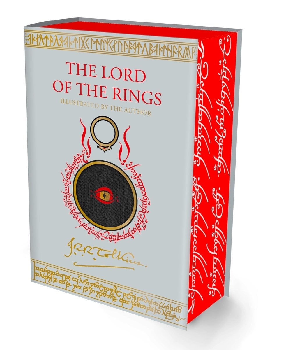 The Lord of the Rings, a classic fantasy novel's illustrated edition, with a white leather cover depicting the image of a red eye with a yellow iris in a black circle surrounded by red ancient looking text. There is a gold ring with its gem facing toward the eye above the circle, and the book has red sprayed edges with white ancient text details.