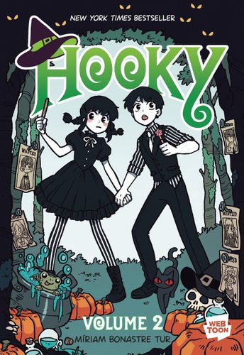 A girl and boy are holding hands in a forest. There are wanted posters on trees of young kids, a cauldron with a smiling frog, and a black cat.