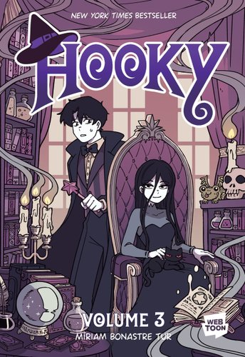 A girl sits in a purple chair with a black cat in her lap. A boy stands behind the chair, looking frightened, with a wand in his hand.