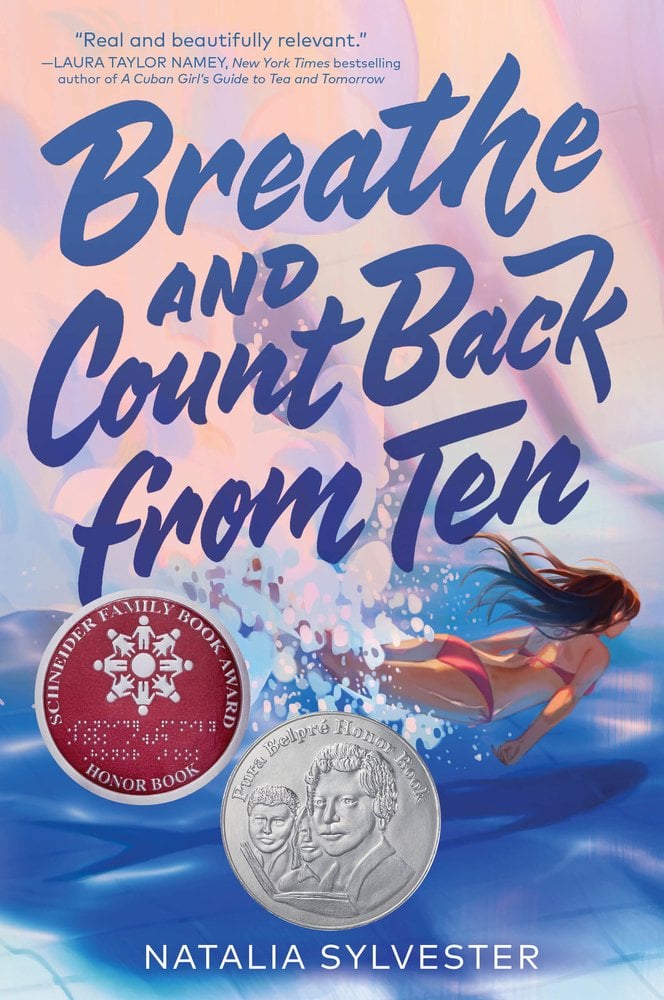 Breathe and Count Back from Ten by Natalia Sylvester, a YA book cover depicting an illustration of pastel colors a girl in a red bikini swimming.