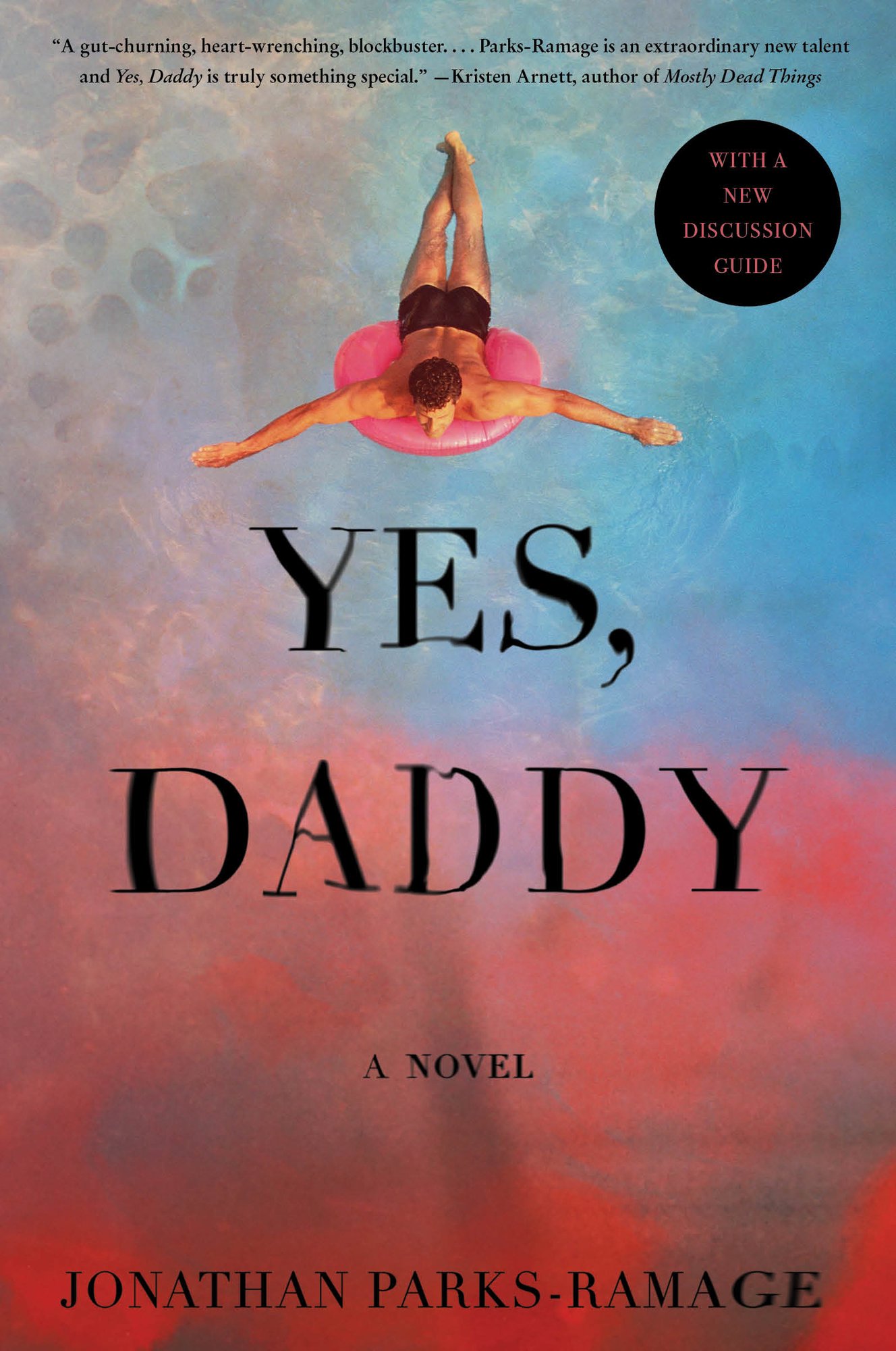 Yes, Daddy by Jonathan Parks-Ramage shows a man floating on a pink donut floatie on his stomach with his arms out. The water goes from blue to red.