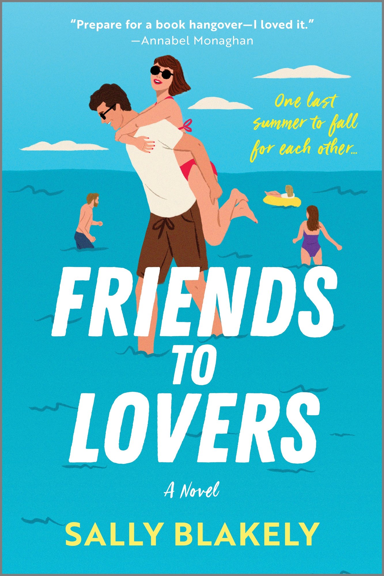 Friends To Lovers by Sally Blakely book cover. Background depicts illustration of people swimming in water with a man carrying a woman on his back.