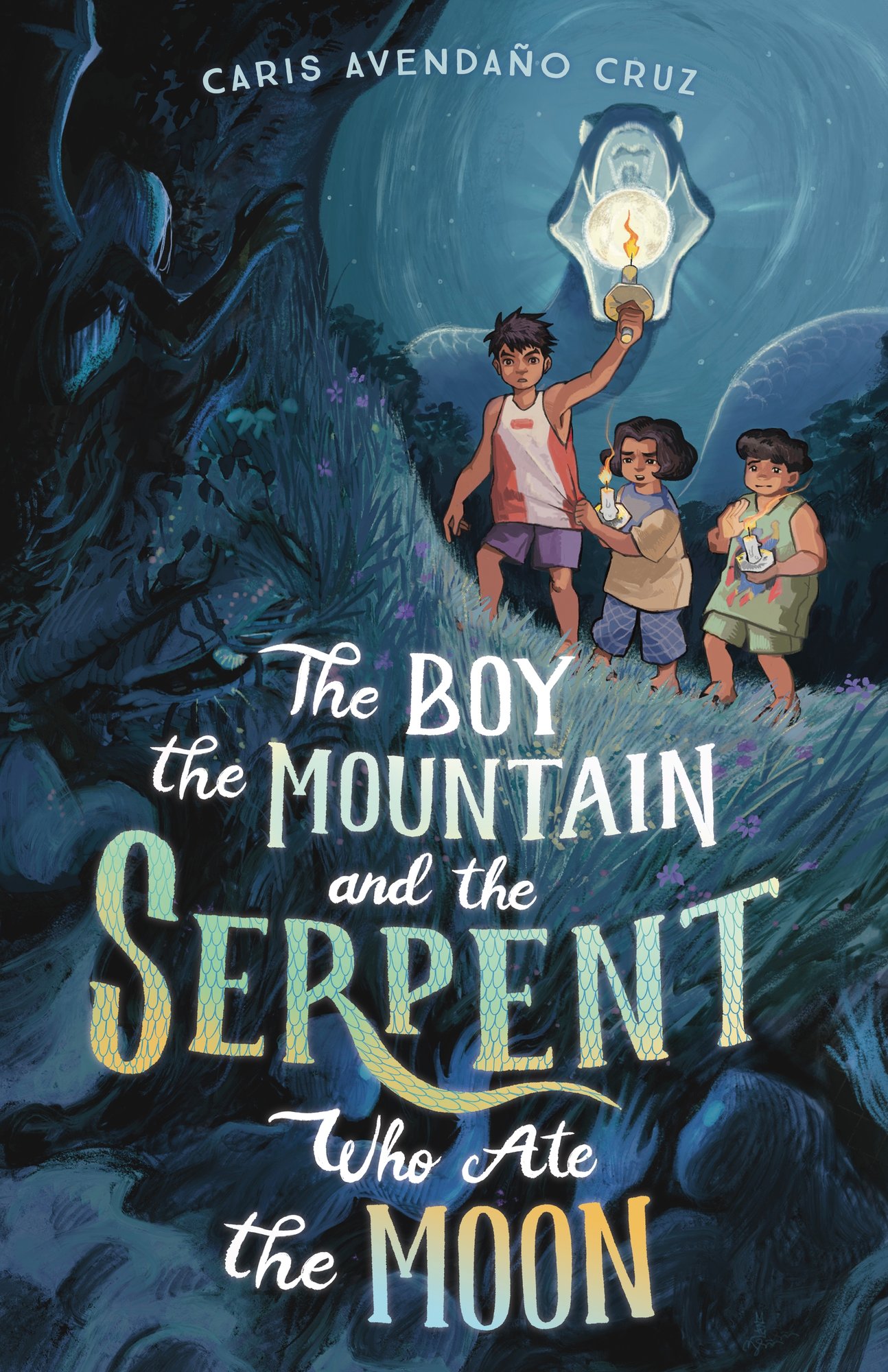 Book cover of The Boy, the Mountain, and the Serpent Who Ate the Moon by Caris Avendaño Cruz, featuring three brown-skinned children with short, dark hair holding candles and traversing a dark, wild space where monstrous shapes lurk in the shadows.