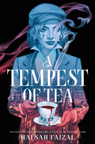 A woman stands against a black background. Over her body is the image of a city in pink, blue, and purple colors. She holds a tea cup and the steam from the drink encircles her head.