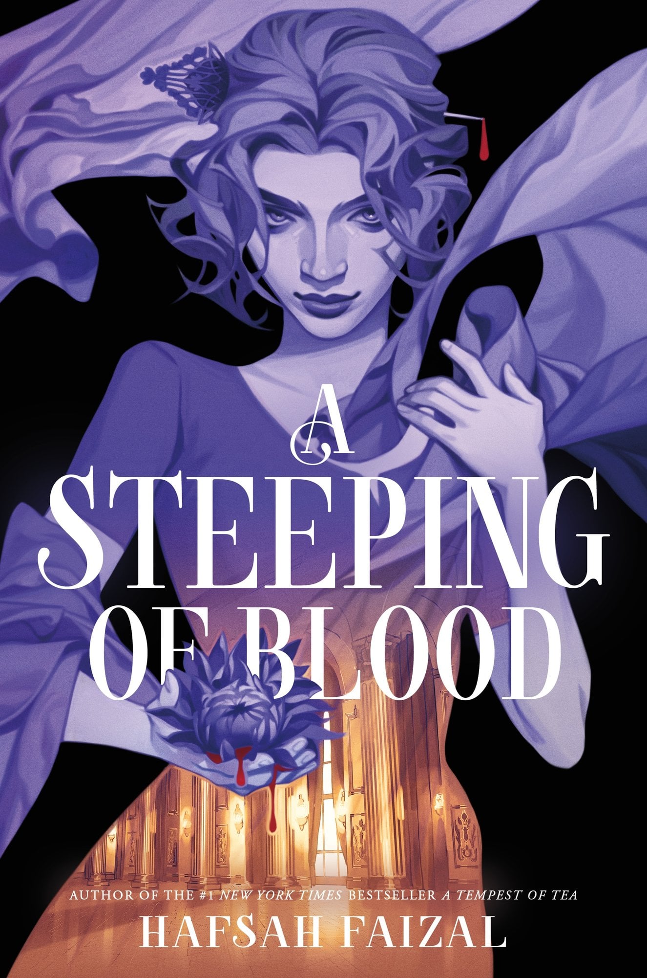 Book cover of A Steeping of Blood by Hafsah Faizal, featuring a girl holding what looks like a flower. She is facing forward, and her dress is blended into a well-lit ball room.
