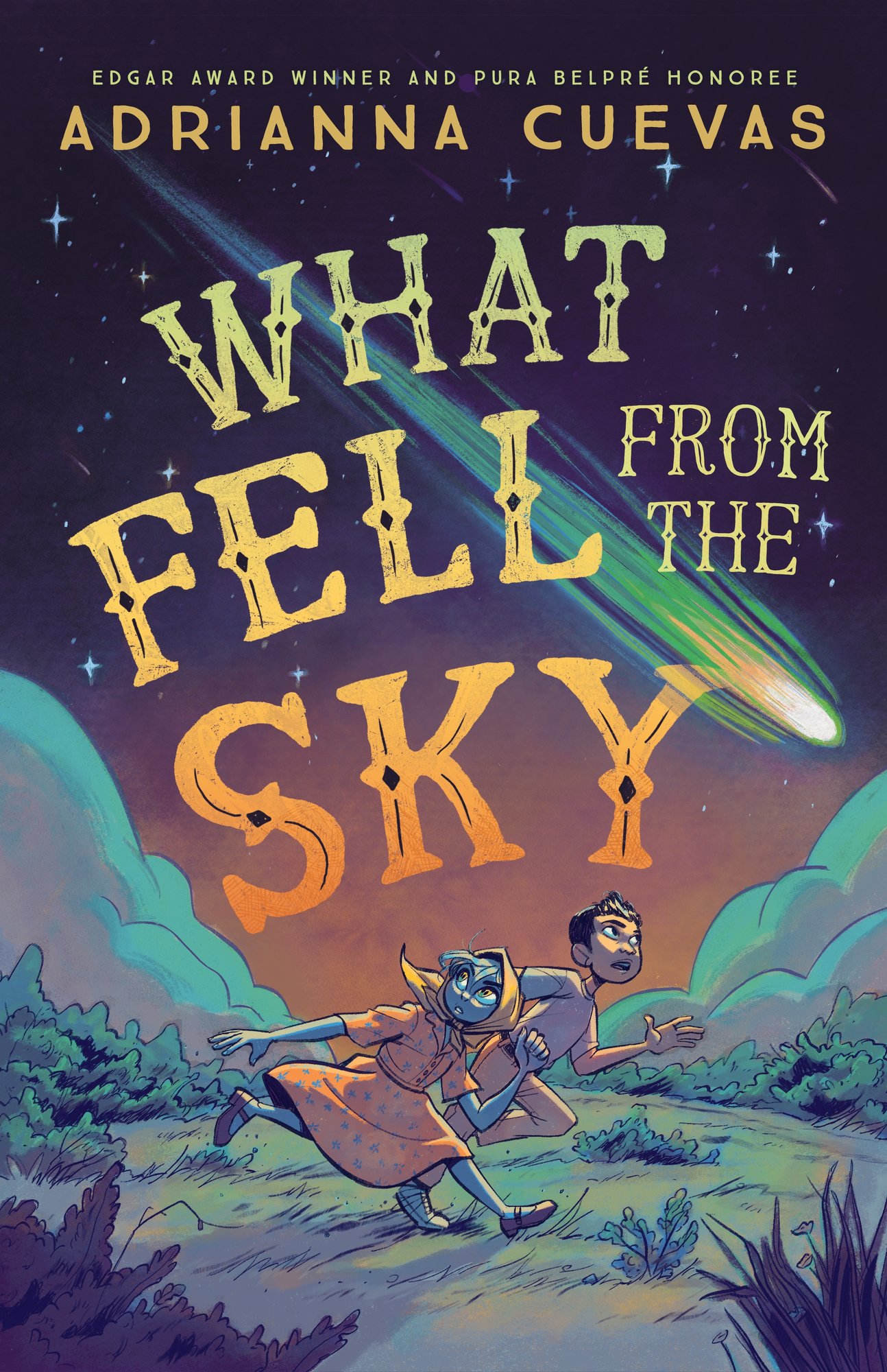 A children's book cover titled What Fell from the Sky by Adrianna Cuevas depicting a little boy and an alien girl running side-by-side under a starry night sky