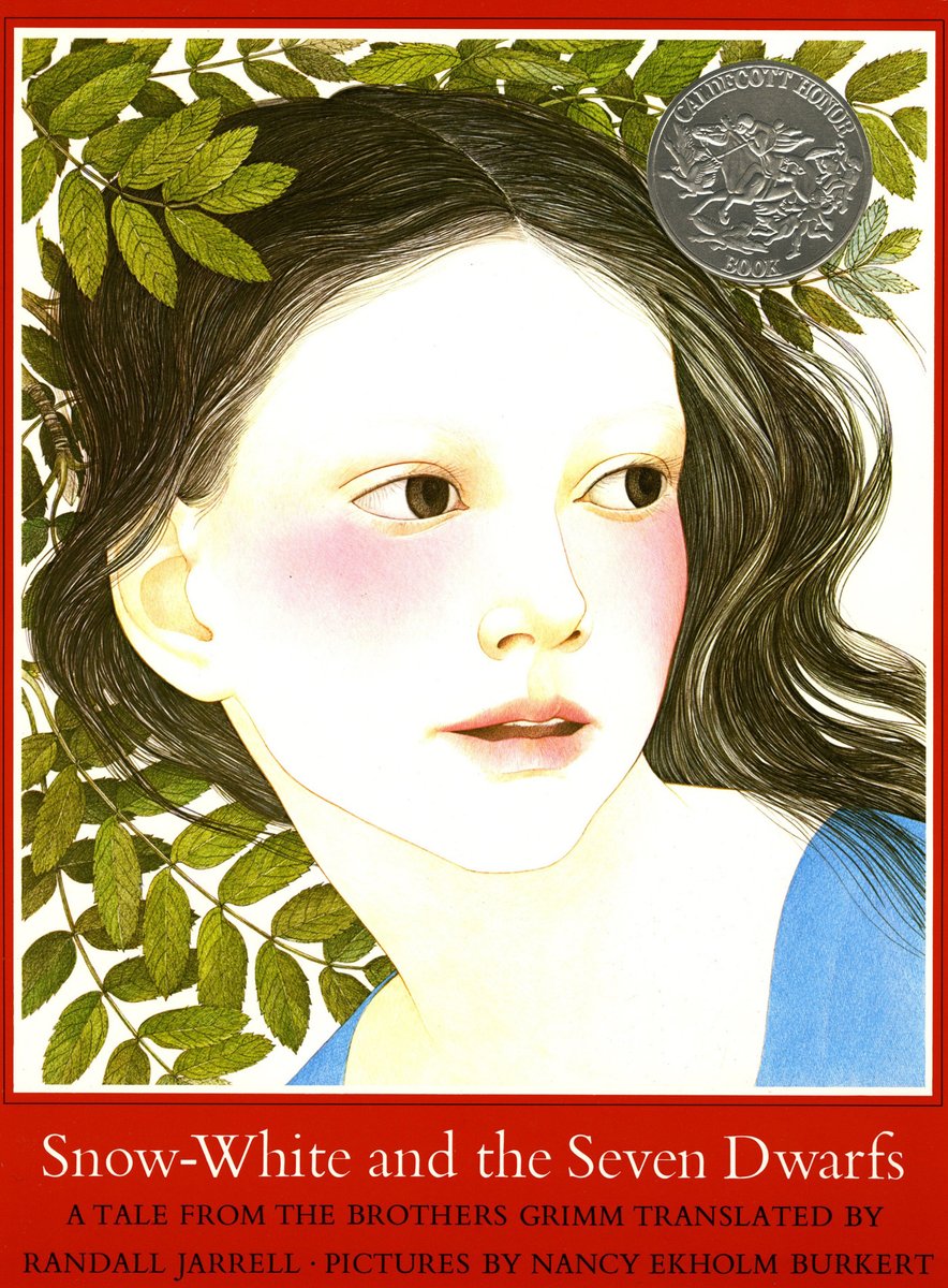 Snow-White and the Seven Dwarfs by Jacob and Wilhelm Grimm, fairy tale book cover depicting a young girl surrounded by leaves