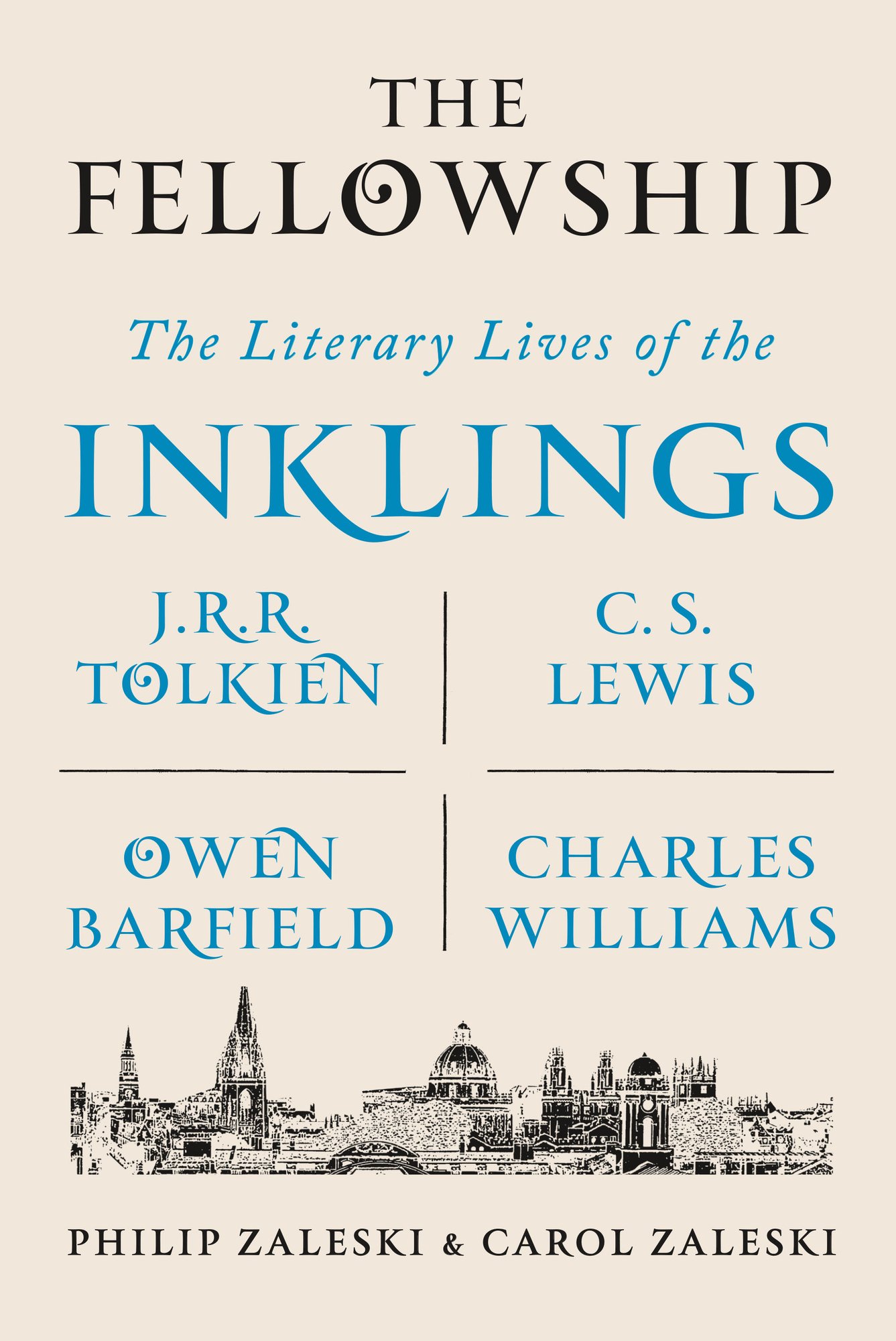 The cover of The Literary Lives of the Inklings. The names of JRR Tolkien, CS Lewis, Owen Barfield, and Charles Williams are written in a blue font in a grid in the center. Beneath is a black and white drawing of the Oxford skyline.