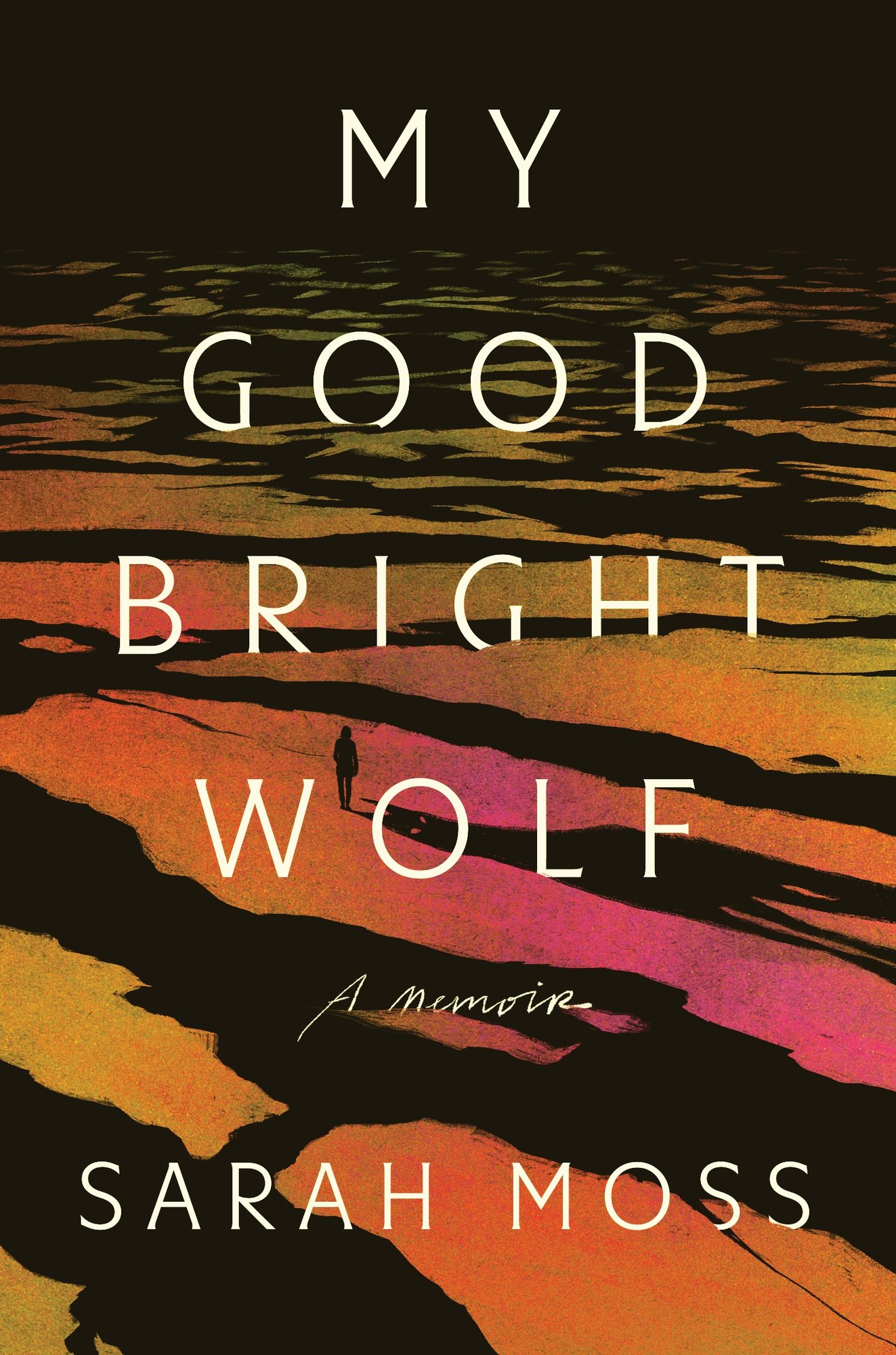 My Good Bright Wolf, a non-fiction book cover with a bold white title text on a dark background overlaid with an abstract illustration of amber wave patterns with a dark silhouette in the middle.