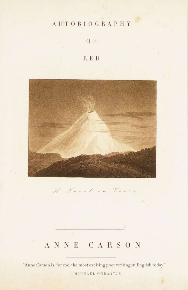 Autobiography of Red by Anne Carson. An illustration of a volcano is visible over a cream background, with title text above and author text below.