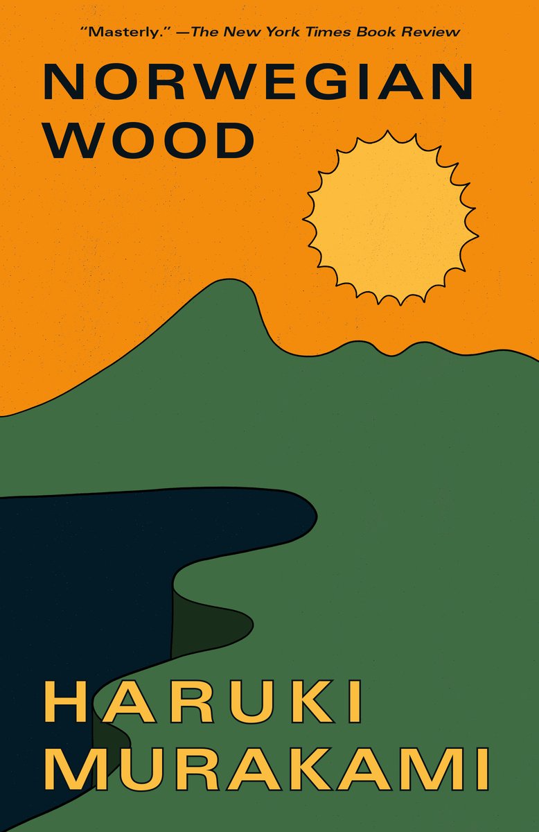 Norwegian Wood by Haruki Murakami, an 80's fiction book cover depicting a soft green background fading into muted yellow at the top, with a stylised, simple silhouette of a forest and mountain ridge in dark green; overlaid text in clean serif font reads “Norwegian Wood” and “Haruki Murakami” in yellow.