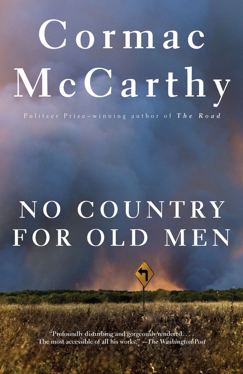 Book cover of No Country for Old Men by Cormac McCarthy, featuring a stormy sky and a bent traffic sign in a field.