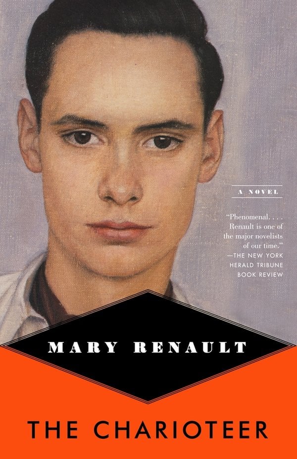 Book cover for The Charioteer by Mary Renault depicting a colored drawing of a man facing the reader. He has light skin, brown slicked-back hair, and a white button-up.