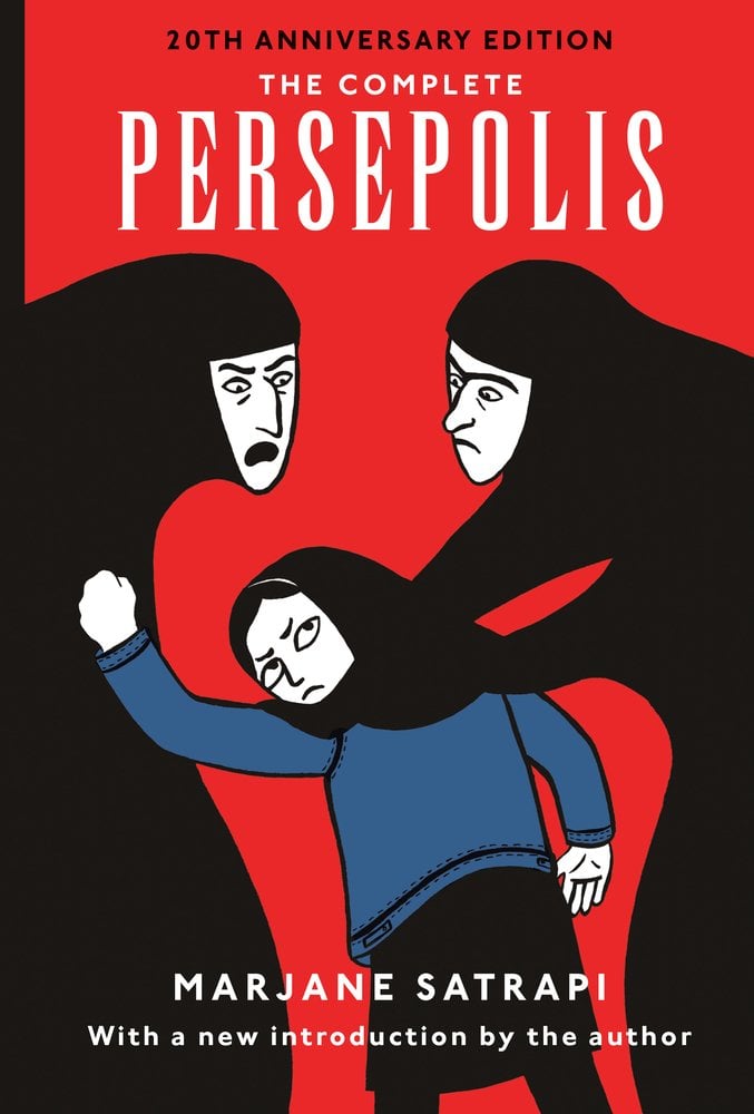 Persepolis by Marjane Satrapi, a memoir book cover depicting a comic book-style young Iranian girl cornered by two women wearing hijabs on a red background