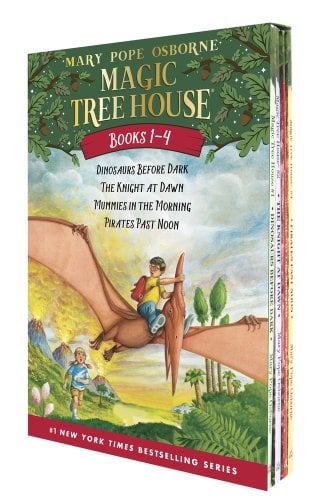 A boy is flying a dinosaur over a forest on the cover of MAGIC TREE HOUSE BOOKS 1-4