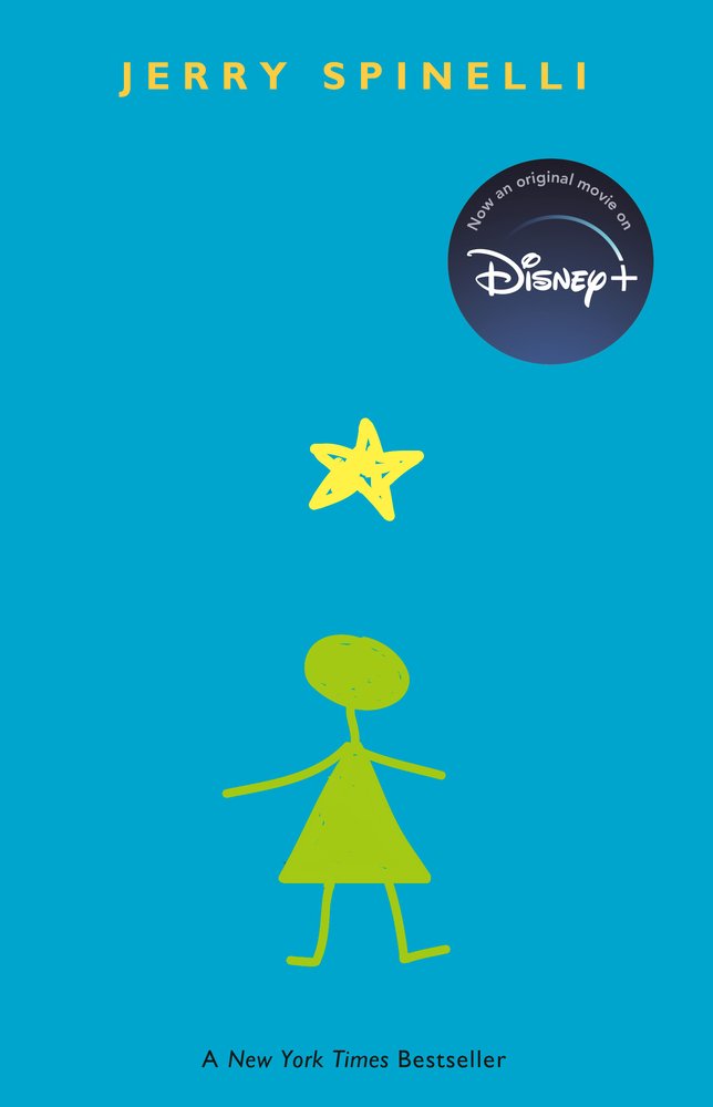 Stargirl by Jerry Spinelli middle grade book cover depicting a stick figure girl in green with a yellow star above her head on a blue background.