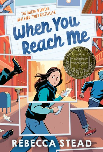 When You Reach Me has a solid blue background with illustrations of blocks of buildings running down the sides and a couple of black silhouettes of people