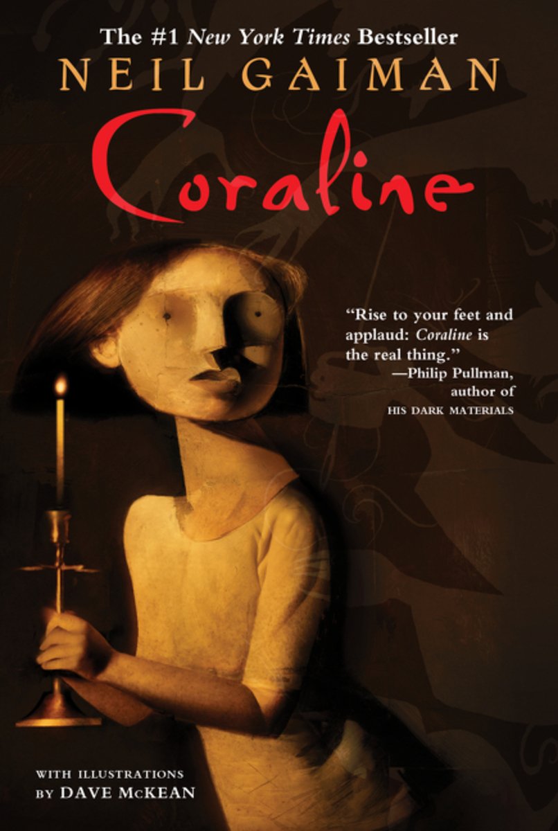 Coraline book cover featuring Coraline in the dark with a candlestick looking forward.