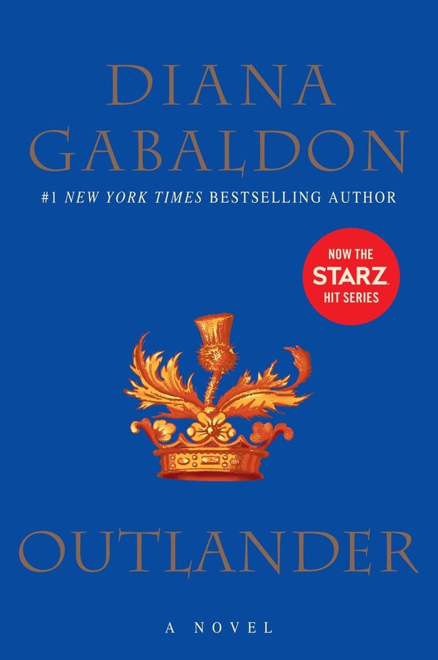 Outlander by Diana Gabaldon, historical fiction cover depicting blue background and golden crown.