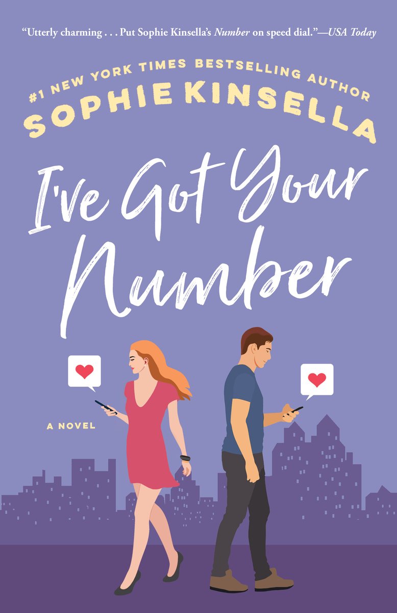 I've got Your Number by Sophia Kinsella, a romance book cover depicting a woman with ginger hair, wearing a pink dress, and on a phone (left) and a man with brown hair and a blue shirt on his phone (right).