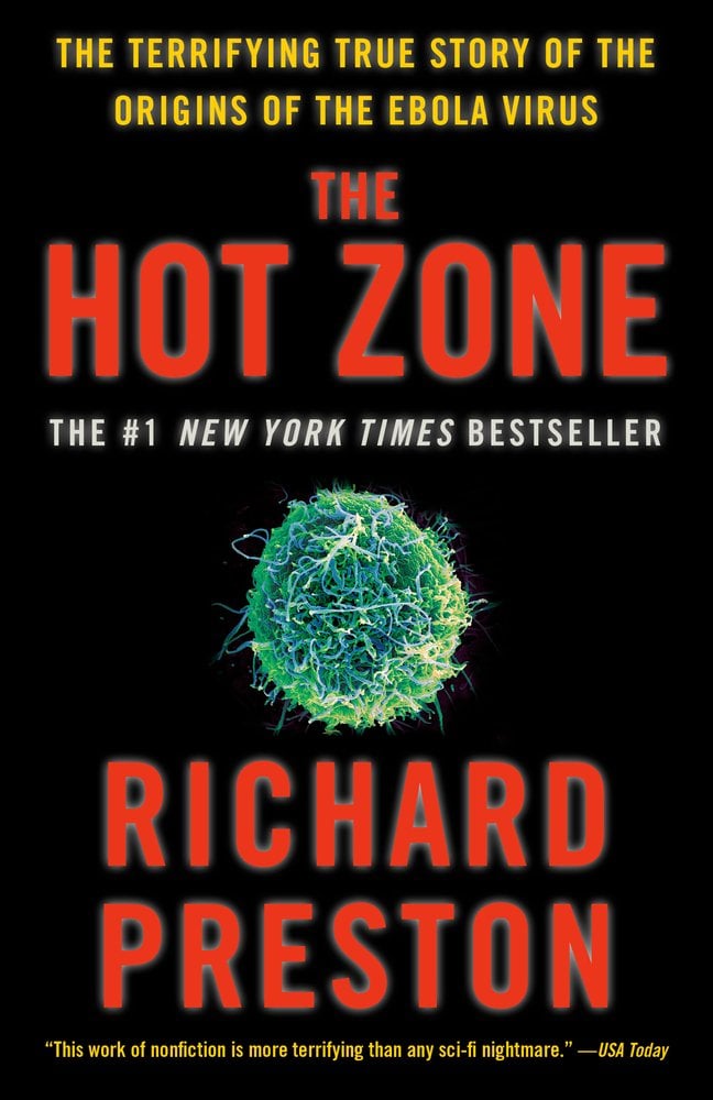 The Hot Zone by Richard Preston book cover is set on an all black background. The title is in bold, red all caps font that has a slight glow to the back of it at the top. In the middle is a ball of what looks like to be a virus in a blue-green hue. Below that is the author's name in the same font as the title.