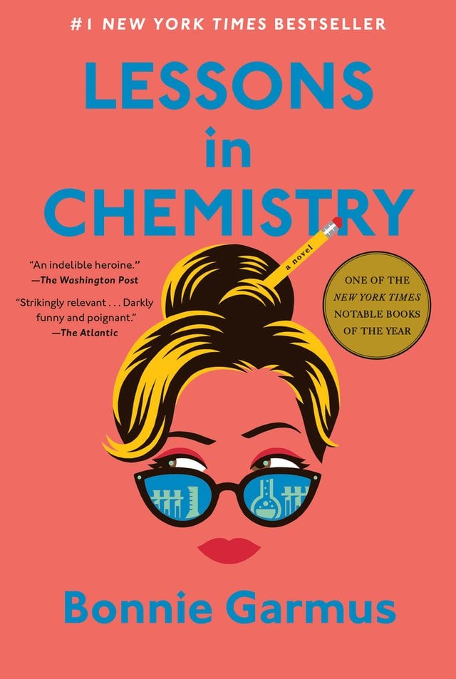 Lessons in Chemistry book cover depicting a blonde woman's face with black-rimmed sunglasses and a pencil through her hair
