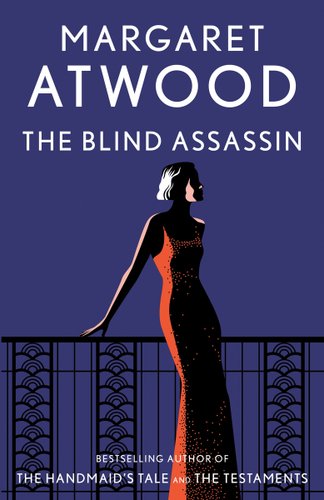The Blind Assassin cover by Margaret Atwood, woman in a long red dress leaning back against a railing.