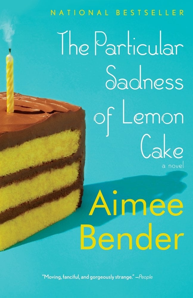 The Particular Sadness of Lemon Cake by Aimee Bender, turquoise book cover featuring a cake with chocolate icing and a yellow candle next to the title in white font.