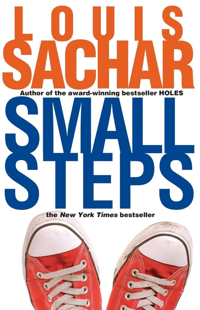 Small Steps by Louis Sachar. Two red Converse shoes are sticking out from the bottom frame. The background is white and the text is red and blue.