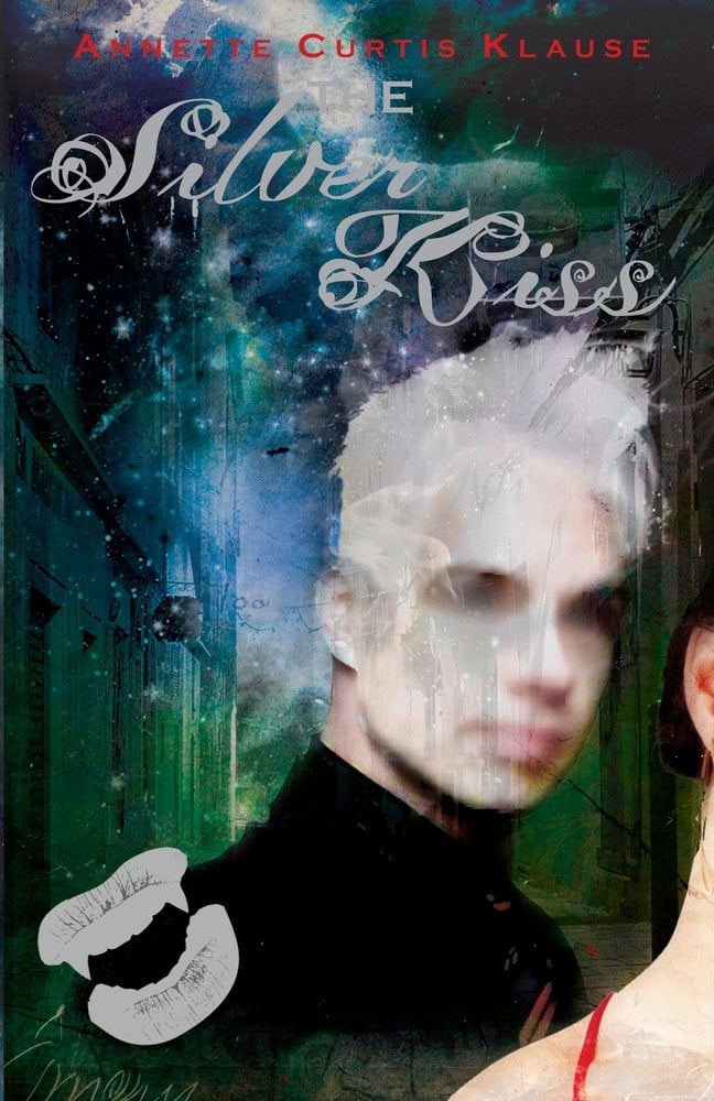 The Silver Kiss by Annette Curtis Klause, book cover depicting a shadowy vampire figure with white hair and pale skin standing behind a human girl.