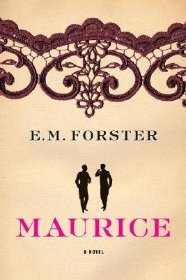 maurice book cover cream background with red lace strip over top two small male silhouettes below and title text in pink below them