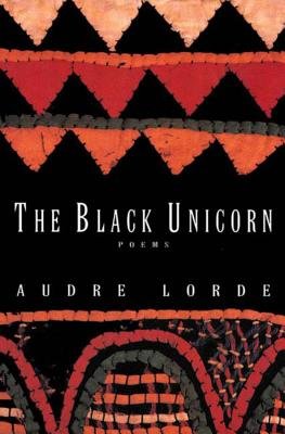 The Black Unicorn by Audre Lorde book cover depicting black and orange woven design.